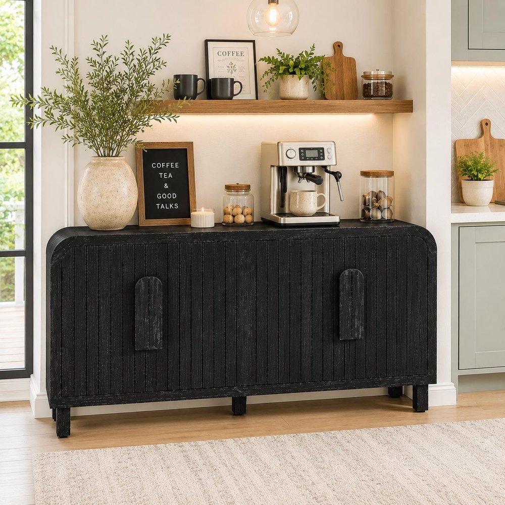59" Black Distressed Wood Paneled Sideboard With Four Doors — view 6