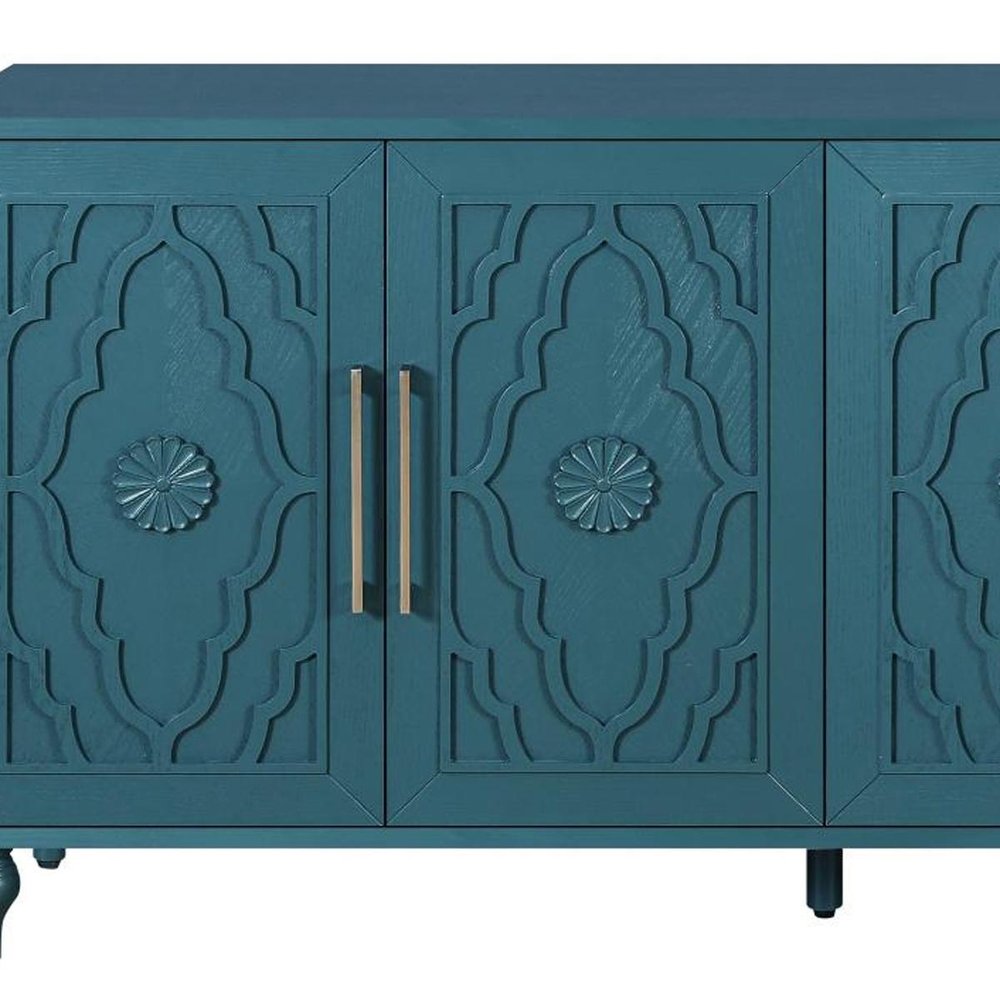 63" Teal Blue Wood Carved Scrollwork Sideboard With Four Doors — view 5