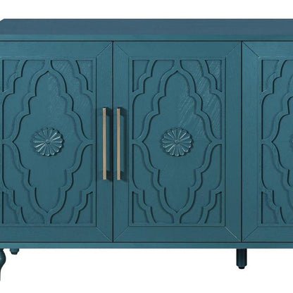 63" Teal Blue Wood Carved Scrollwork Sideboard With Four Doors HomeRoots