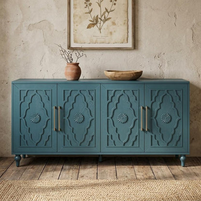63" Teal Blue Wood Carved Scrollwork Sideboard With Four Doors