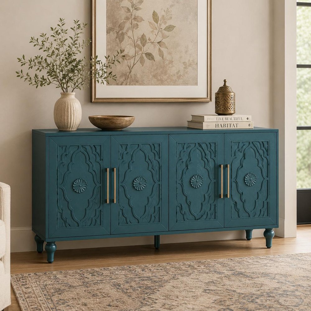 63" Teal Blue Wood Carved Scrollwork Sideboard With Four Doors — view 6