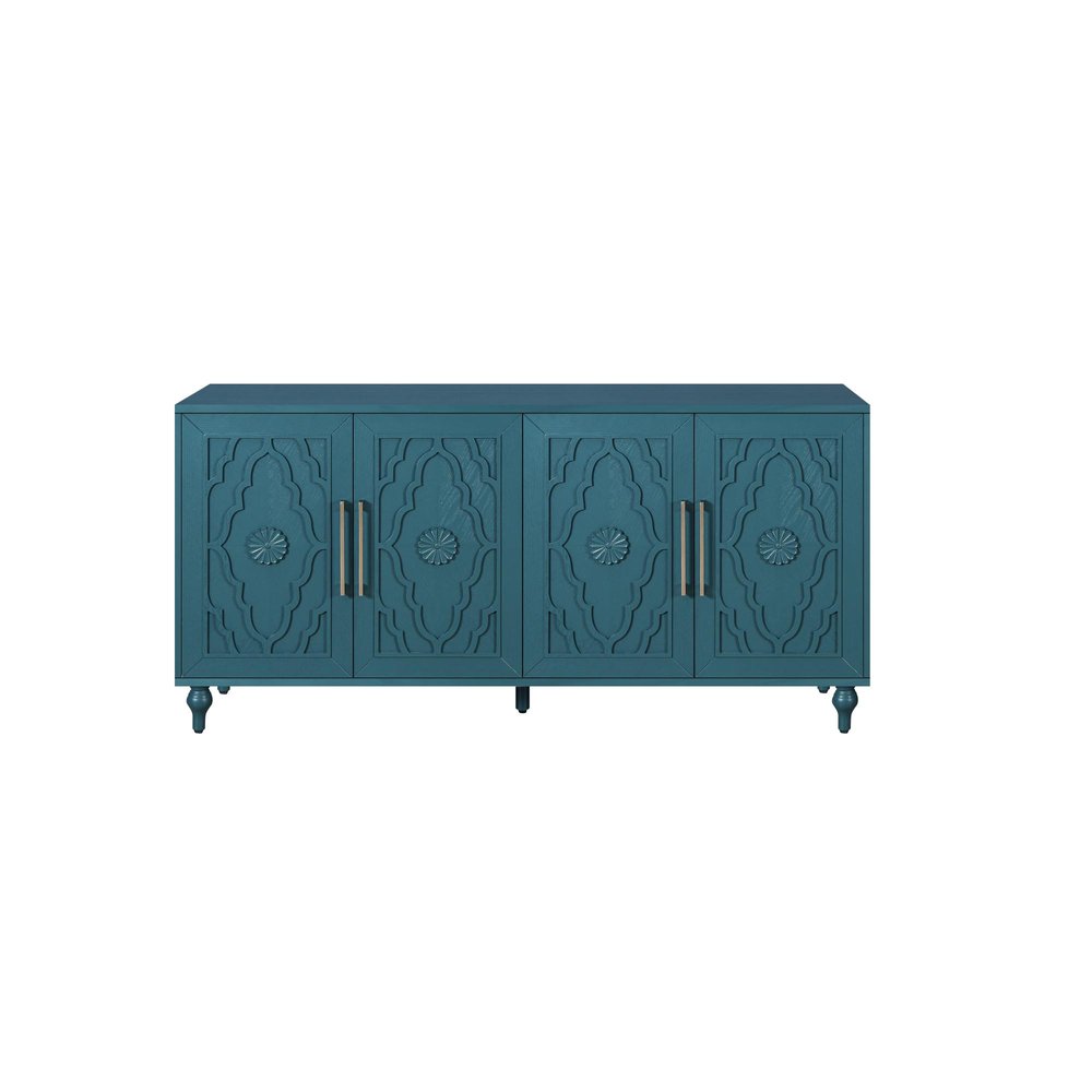 63" Teal Blue Wood Carved Scrollwork Sideboard With Four Doors HomeRoots