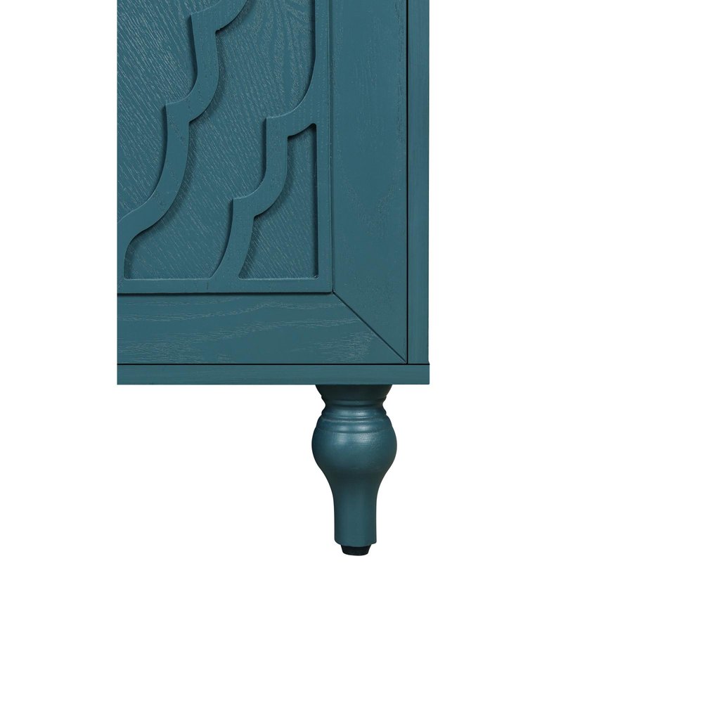 63" Teal Blue Wood Carved Scrollwork Sideboard With Four Doors — view 3