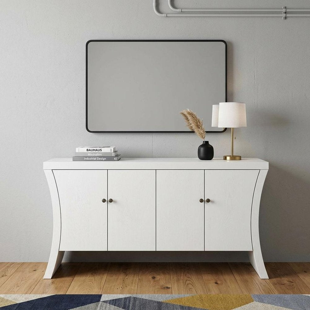 59" White Wood Curved Edge Sideboard With Four Doors HomeRoots