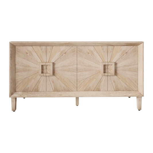 60" Natural Wood Carved Geometric Credenza With Two Doors