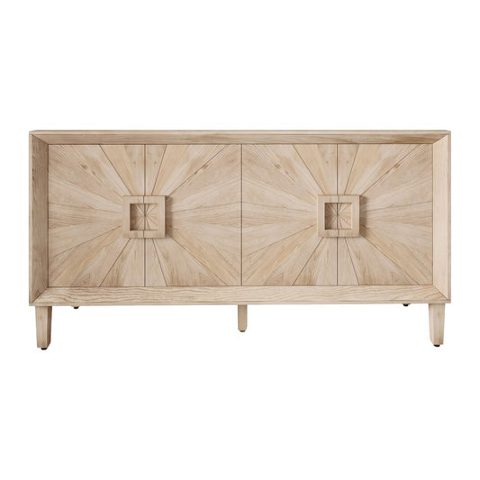 60" Natural Wood Carved Geometric Credenza With Two Doors