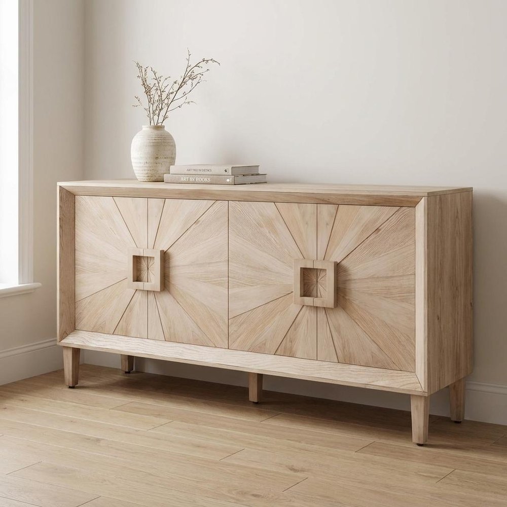 60" Natural Wood Carved Geometric Credenza With Two Doors HomeRoots