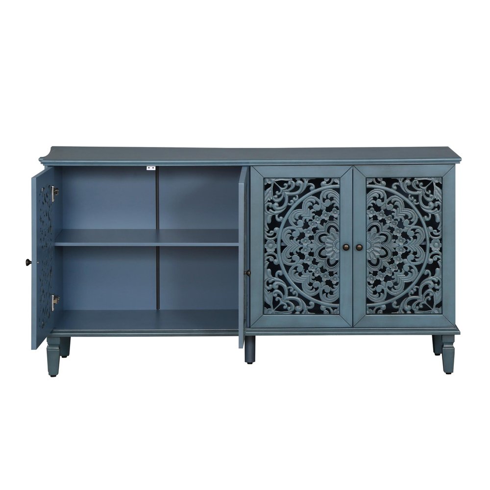 60" Blue Solid Wood Carved Floral Sideboard With Four Doors — view 1