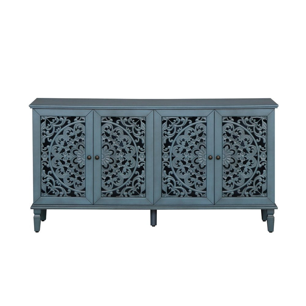 60" Off White Solid Wood Carved Floral Sideboard With Four Doors HomeRoots