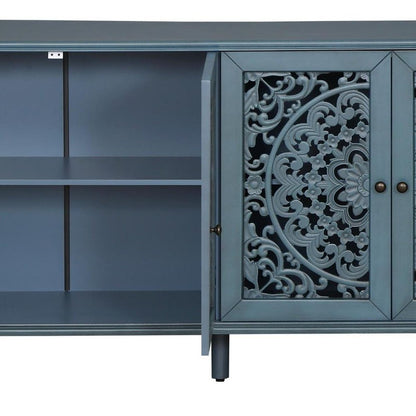 60" Blue Solid Wood Carved Floral Sideboard With Four Doors