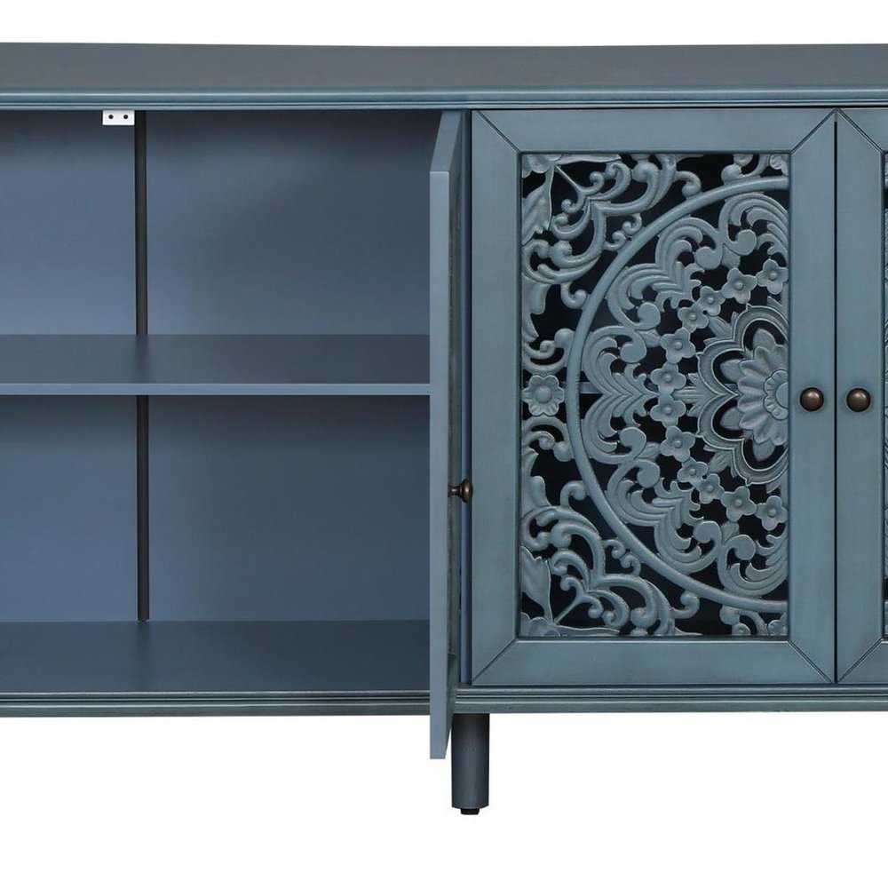 60" Blue Solid Wood Carved Floral Sideboard With Four Doors — view 4