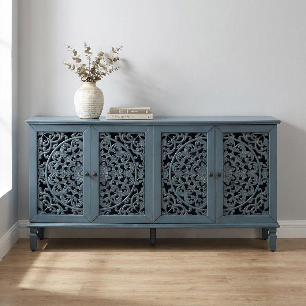 60" Blue Solid Wood Carved Floral Sideboard With Four Doors