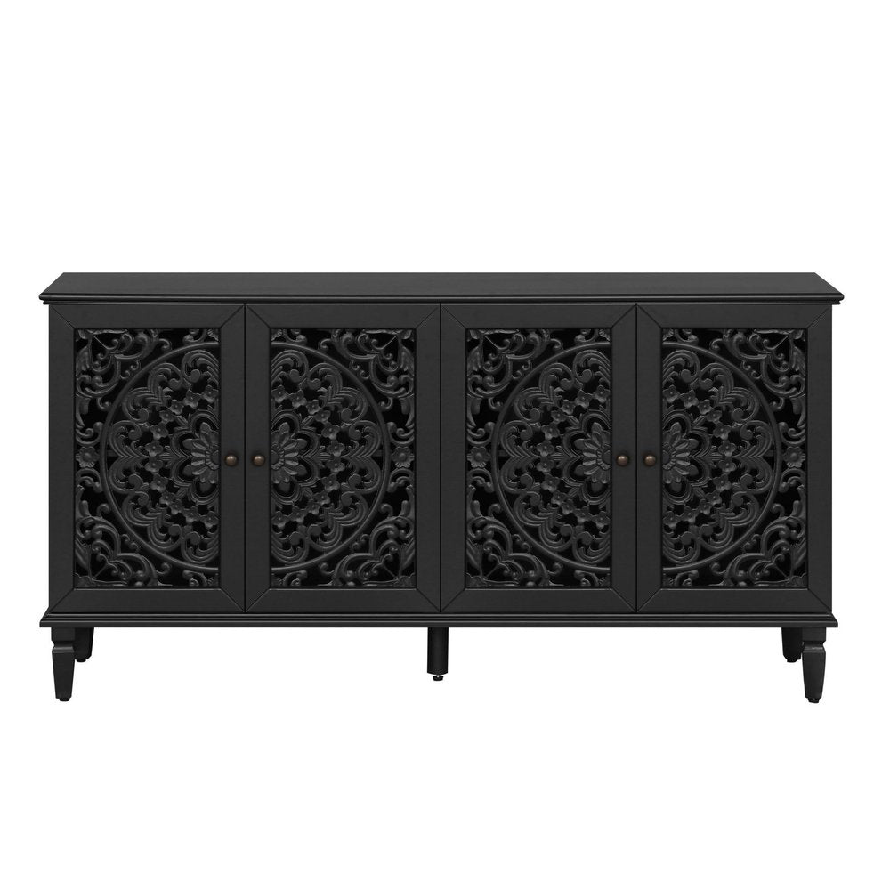 60" Blue Solid Wood Carved Floral Sideboard With Four Doors