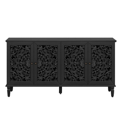 60" Blue Solid Wood Carved Floral Sideboard With Four Doors