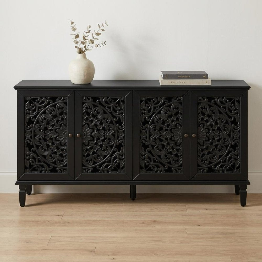 60" Blue Solid Wood Carved Floral Sideboard With Four Doors — view 9