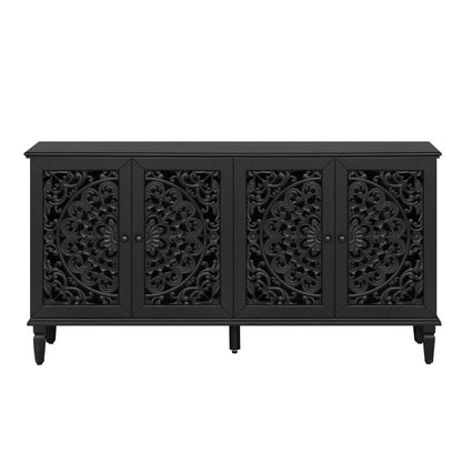 60" Blue Solid Wood Carved Floral Sideboard With Four Doors