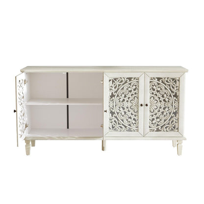 60" Blue Solid Wood Carved Floral Sideboard With Four Doors