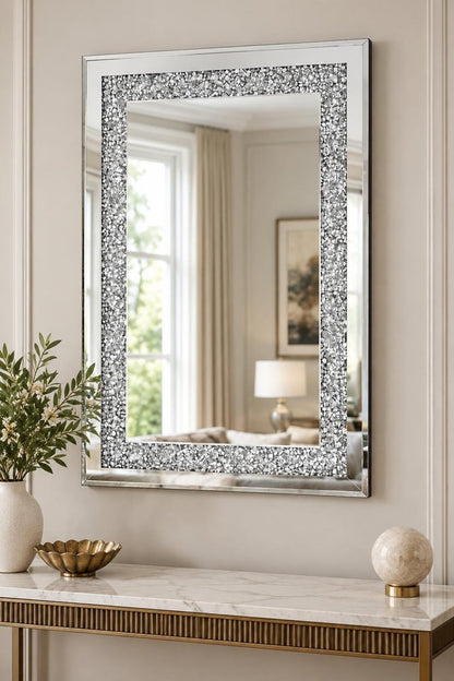 36" Silver Beveled Glass And Faux Crystal Bling Framed Accent Mirror HomeRoots