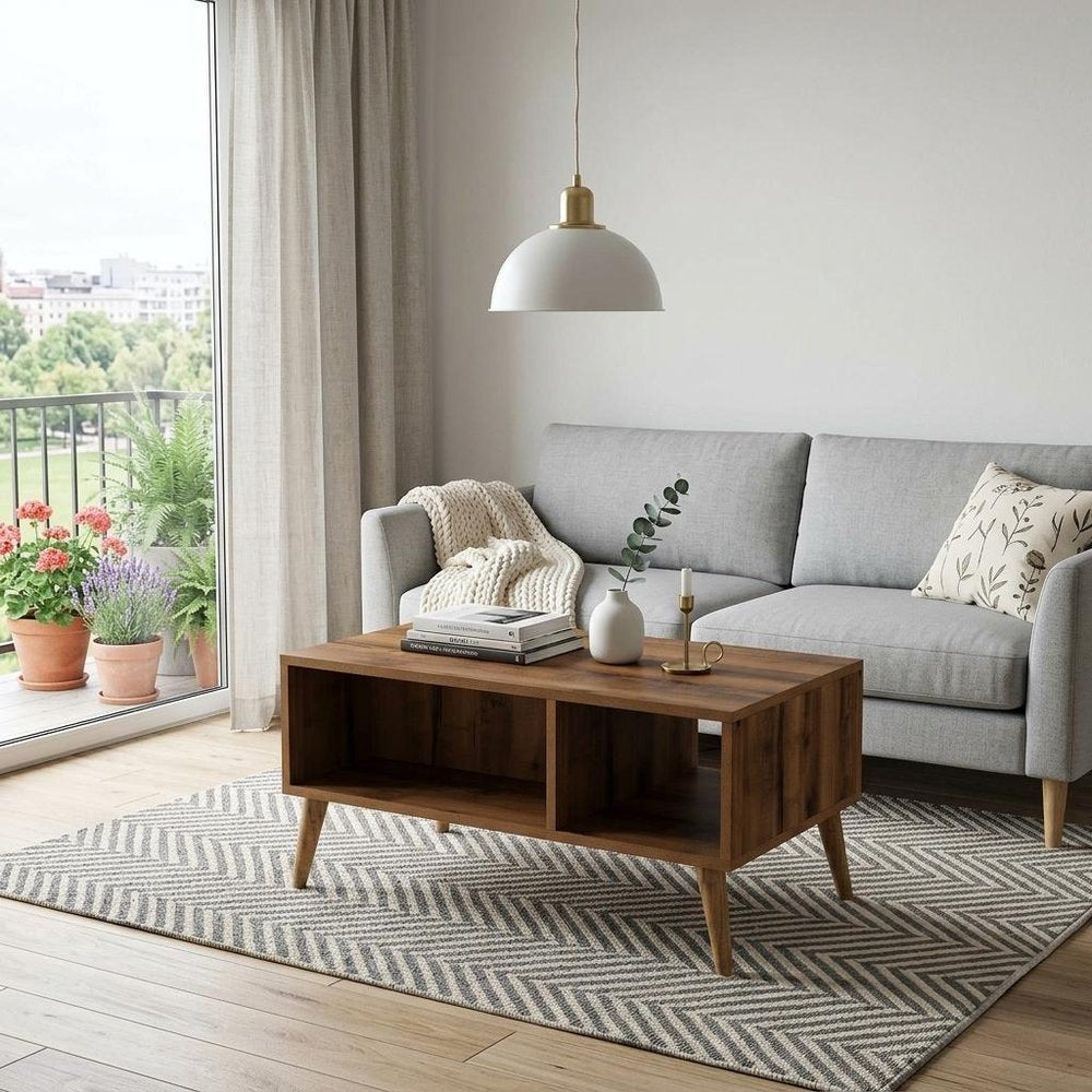36" Walnut Melamine Veneer And Wood Coffee Table With Two Shelves — view 7