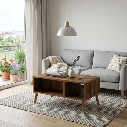 36" Walnut Melamine Veneer And Wood Coffee Table With Two Shelves