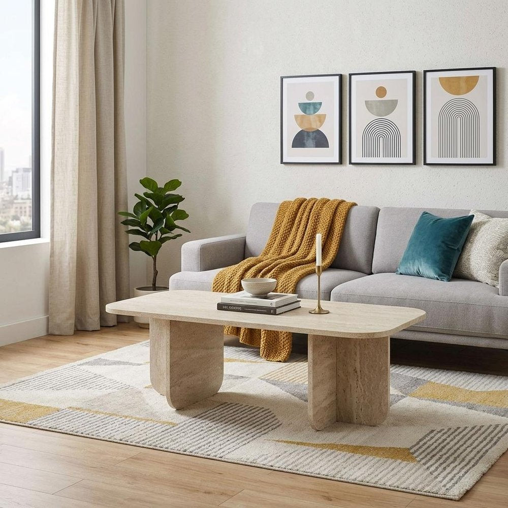 48" Tan Melamine Veneer And Wood Oval Double Pedestal Coffee Table HomeRoots