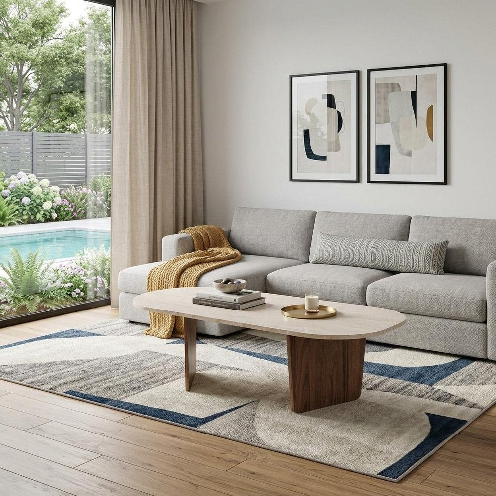 52" Tan Melamine Veneer And Wood Oval Double Pedestal Coffee Table — view 6