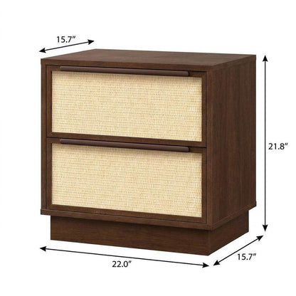 22" Walnut Wood Woven Texture Two Drawer Nightstand