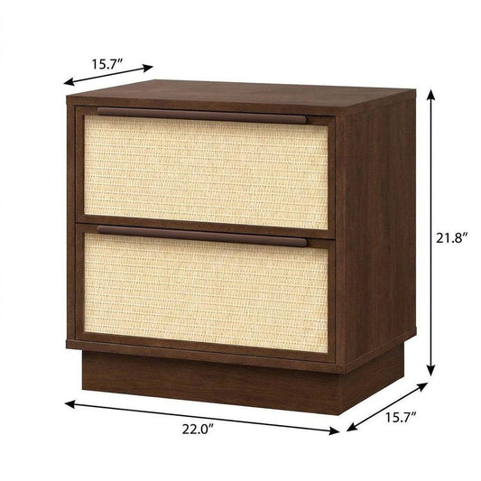 22" Walnut Wood Woven Texture Two Drawer Nightstand