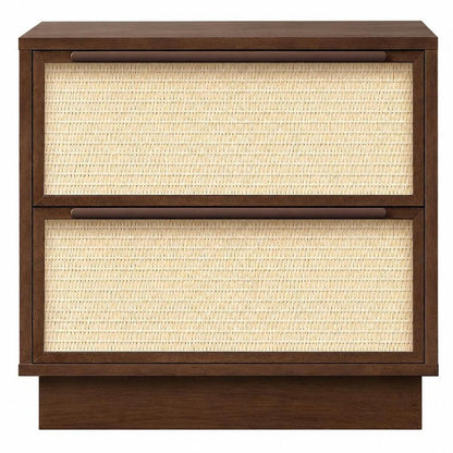 22" Walnut Wood Woven Texture Two Drawer Nightstand
