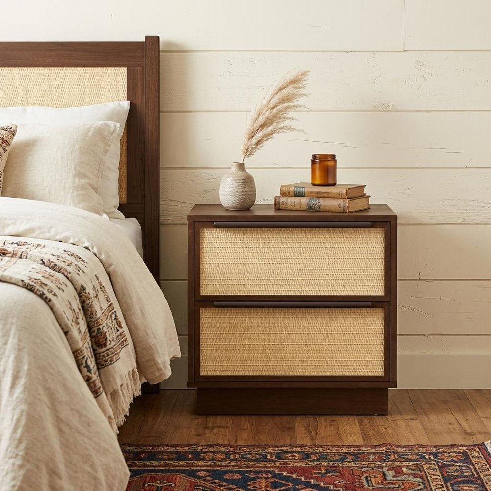 22" Oak Wood Woven Texture Two Drawer Nightstand HomeRoots