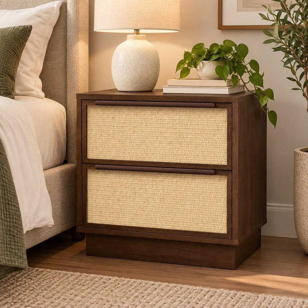 22" Walnut Wood Woven Texture Two Drawer Nightstand