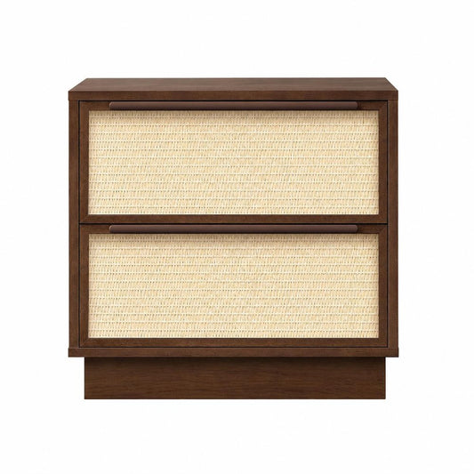 22" Walnut Wood Woven Texture Two Drawer Nightstand