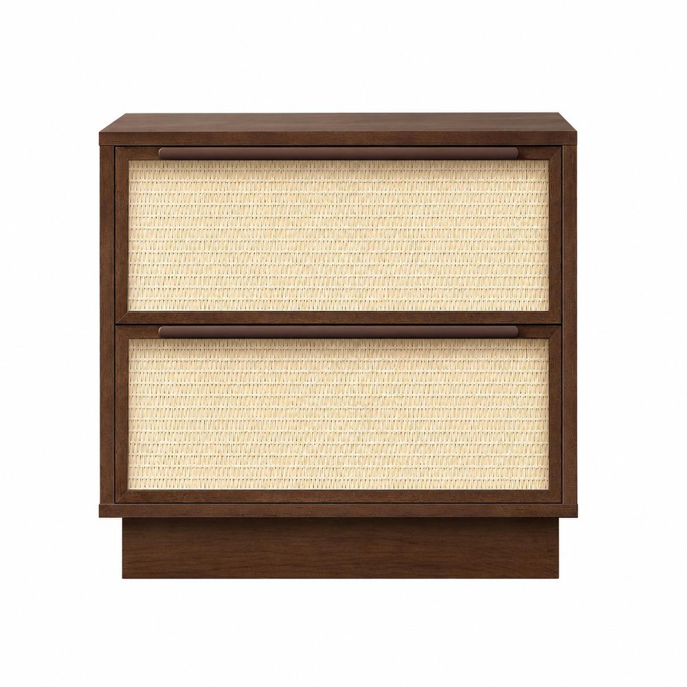 22" Walnut Wood Woven Texture Two Drawer Nightstand — view 1