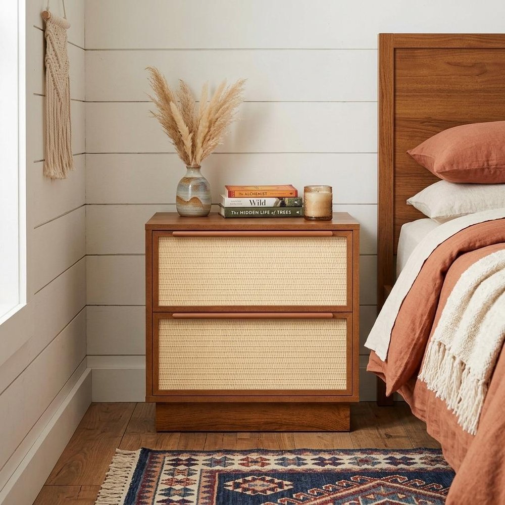 22" Walnut Wood Woven Texture Two Drawer Nightstand