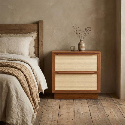 22" Walnut Wood Woven Texture Two Drawer Nightstand