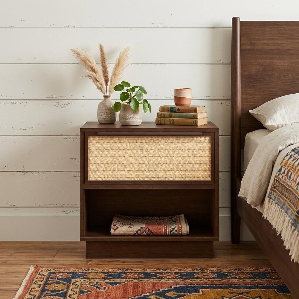 22" Walnut Wood Woven Texture One Drawer Nightstand HomeRoots