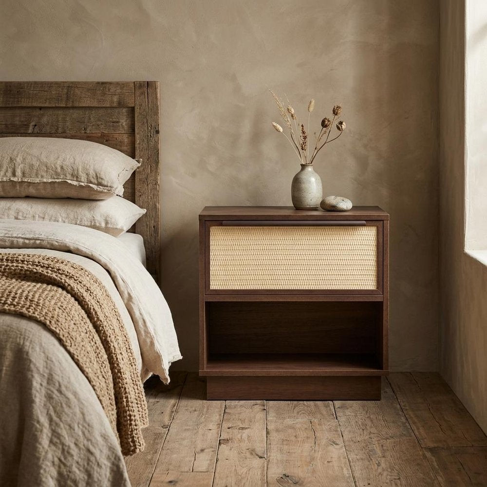 22" Walnut Wood Woven Texture One Drawer Nightstand — view 7