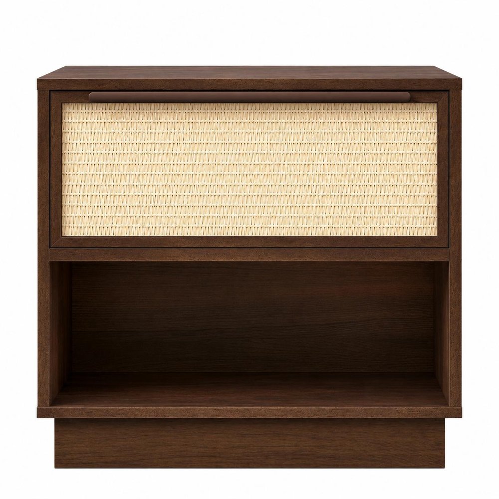 22" Walnut Wood Woven Texture One Drawer Nightstand — view 1