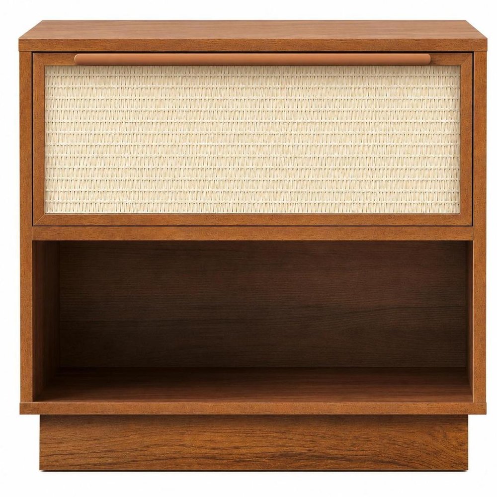 22" Walnut Wood Woven Texture One Drawer Nightstand