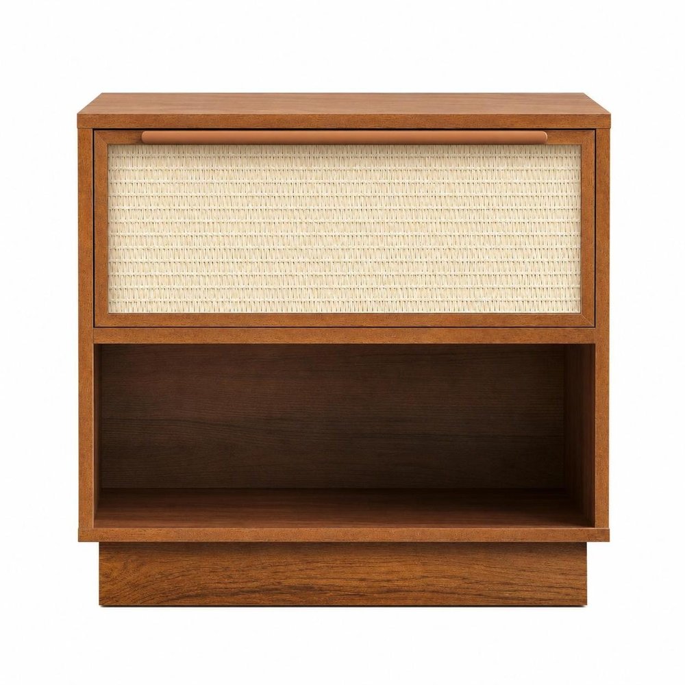 22" Walnut Wood Woven Texture One Drawer Nightstand