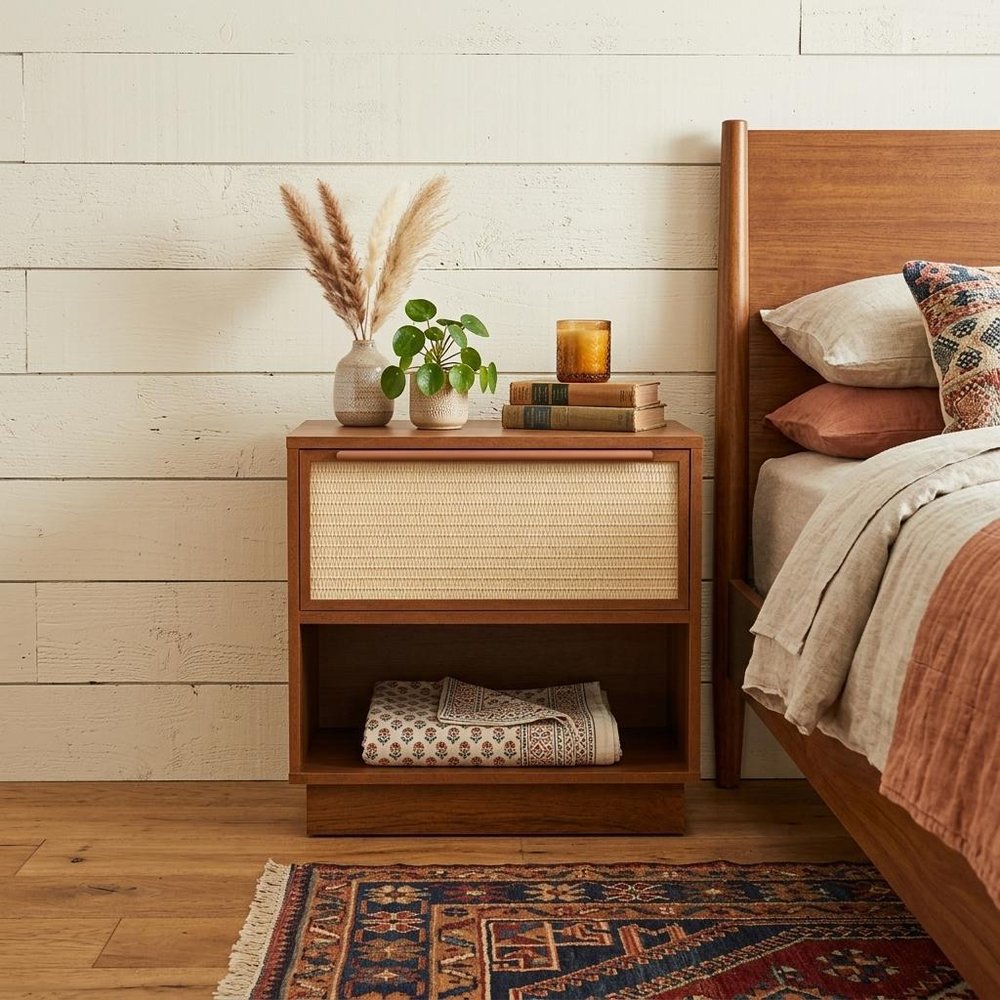 22" Walnut Wood Woven Texture One Drawer Nightstand — view 12