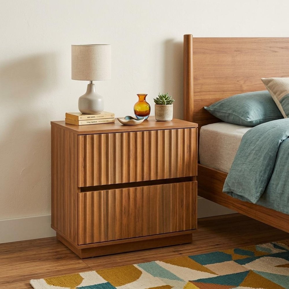 22" Natural Wood Ribbed Texture Two Drawer Nightstand