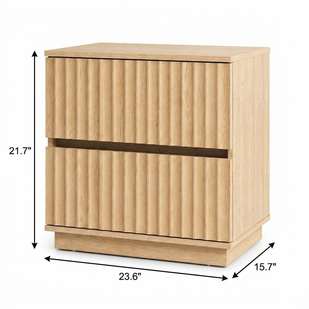 22" Natural Wood Ribbed Texture Two Drawer Nightstand — view 9