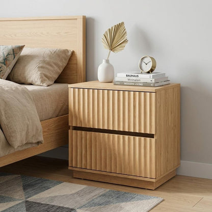 22" Natural Wood Ribbed Texture Two Drawer Nightstand HomeRoots