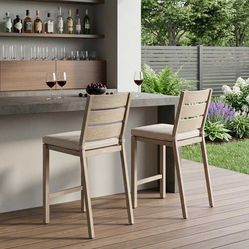 Set of Two 27" Gray Aluminum Outdoor Counter Height Bar Chairs HomeRoots
