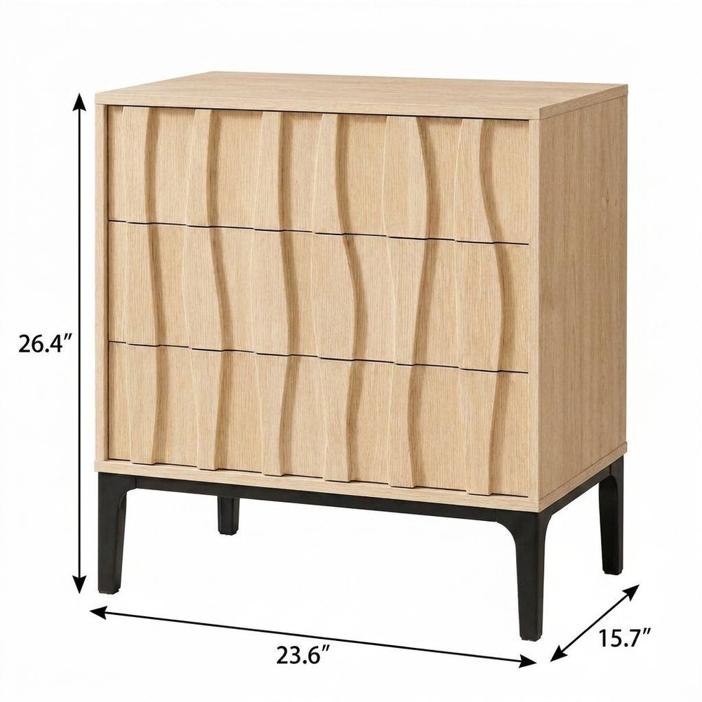 26" Walnut Wood Ribbed Texture Three Drawer Nightstand HomeRoots