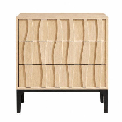 26" Gray Wood Carved Abstract Three Drawer Nightstand