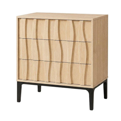26" Gray Wood Carved Abstract Three Drawer Nightstand