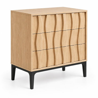 26" Walnut Wood Ribbed Texture Three Drawer Nightstand HomeRoots