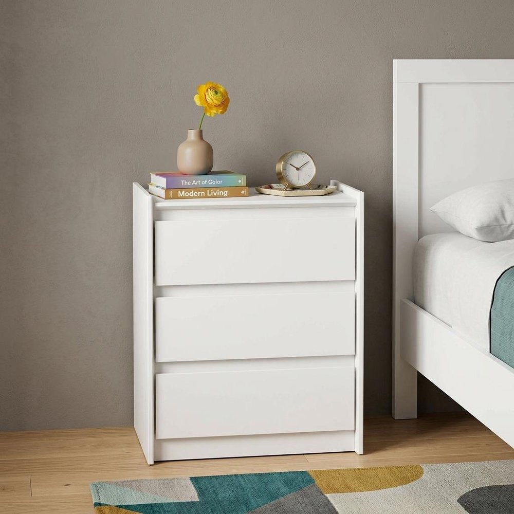 24" White Wood Three Drawer Nightstand with USB Port and Integrated Tech HomeRoots